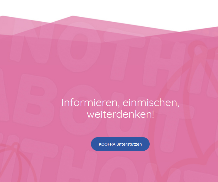 Headerbild des vierten Newsletters, eine rosa-halbtransparente Fläche mit dahintergelegtem Schriftzug 'Nothing about us widout us'